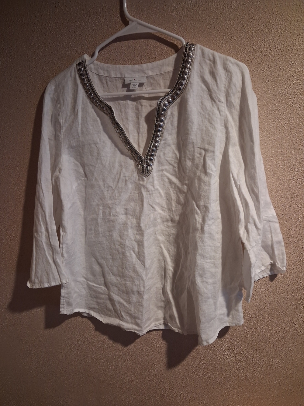 J Jill Love Linen 100% Linen Embellished V-Neck White Women's Top 3/4 Sleeve SP